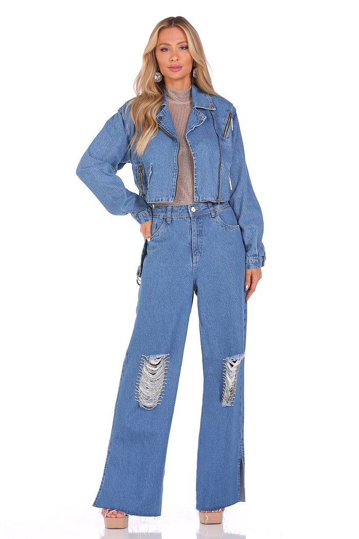 Jaqueta Jeans Com Transpasse E Cinto Luleg 223