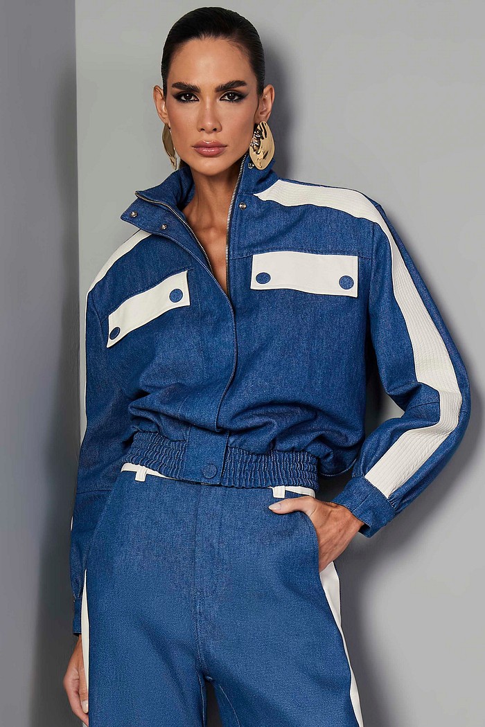 JAQUETA JEANS COM LEATHER FAKE