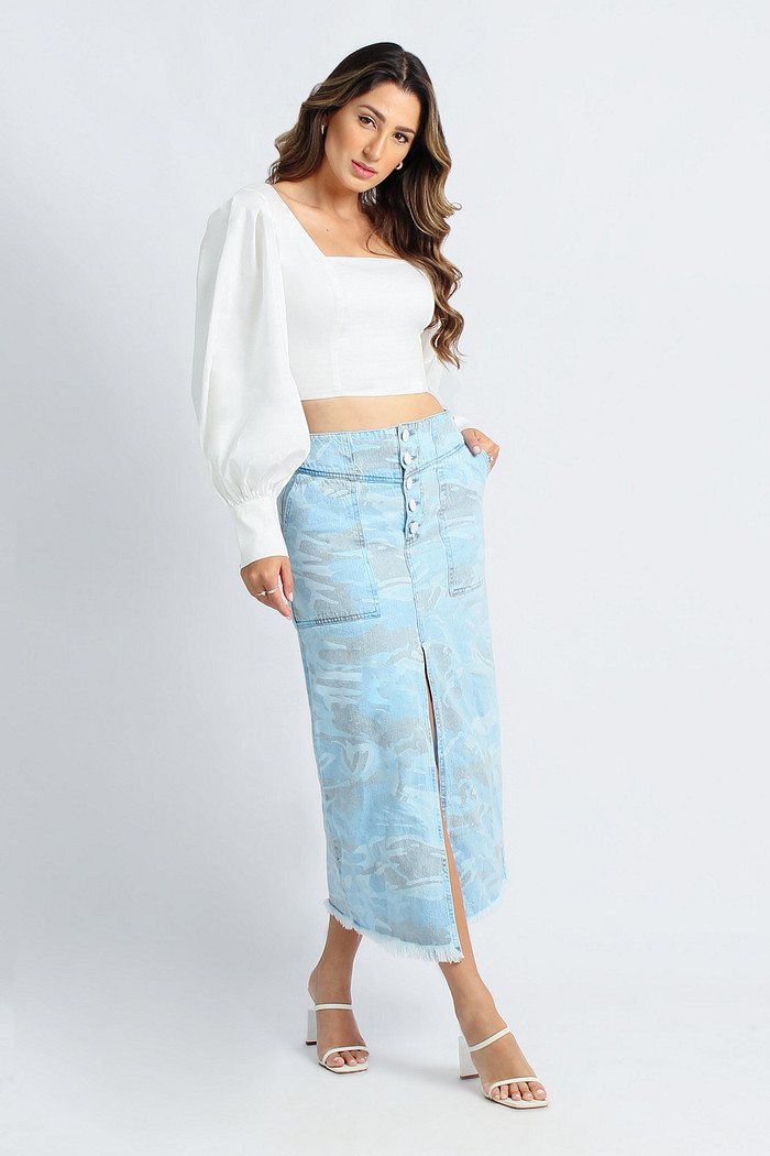 Saia Jeans Midi Reta Estampada Luleg 222
