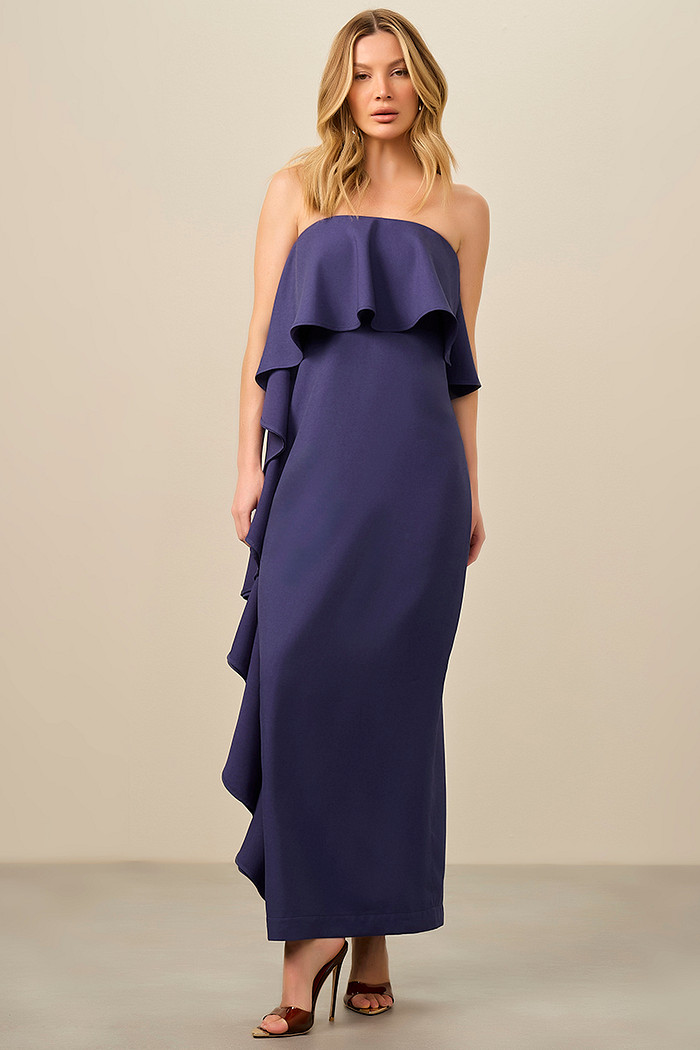 VESTIDO SUPER MIDI COM BABADO LATERAL ALFAIATARIA