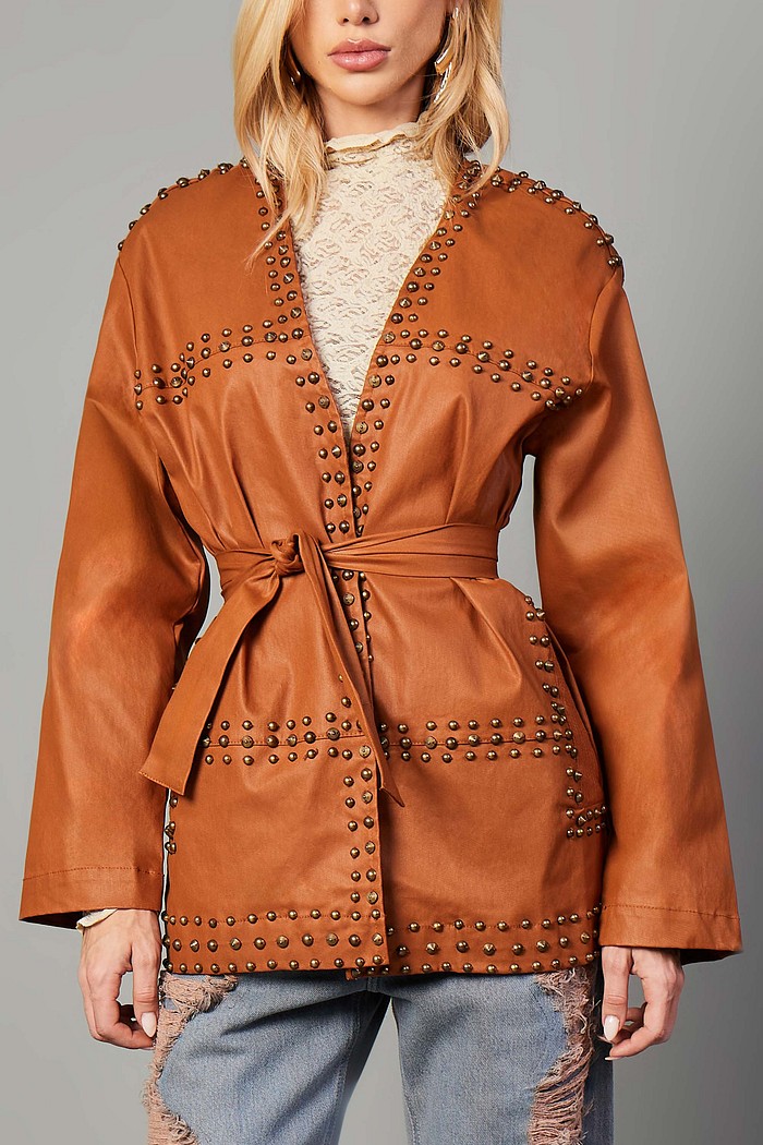 KIMONO EM SARJA RESINADA COM FAIXA E BORDADO