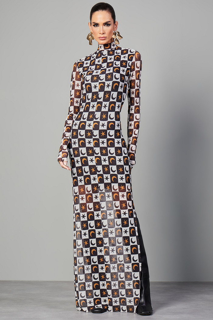 VESTIDO MIDI TULE ESTAMPA LUNAR COM GOLA PICÔ