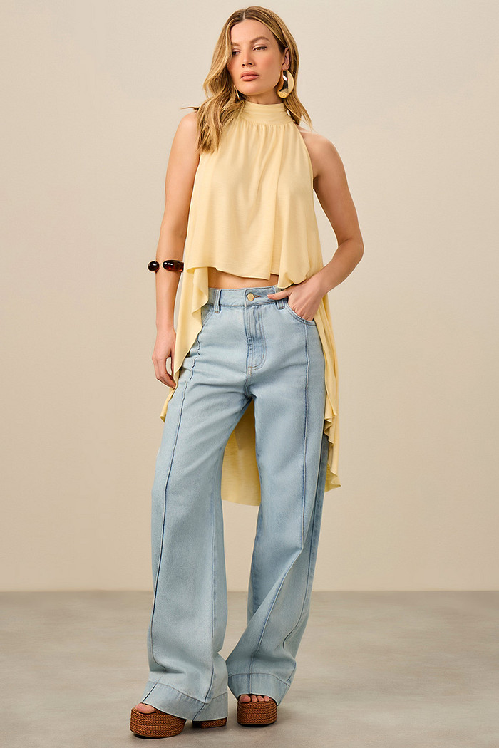 CALÇA JEANS WIDE LEG INTERMEDIÁRIA BORDADA