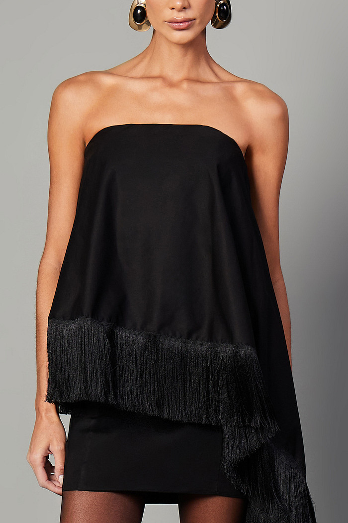 VESTIDO CURTO DE TRICOLINE COM FRANJA