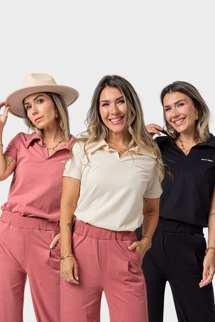 KIT 3 POLOS CLASSIC PRETA + ROSE + OFF WHITE
