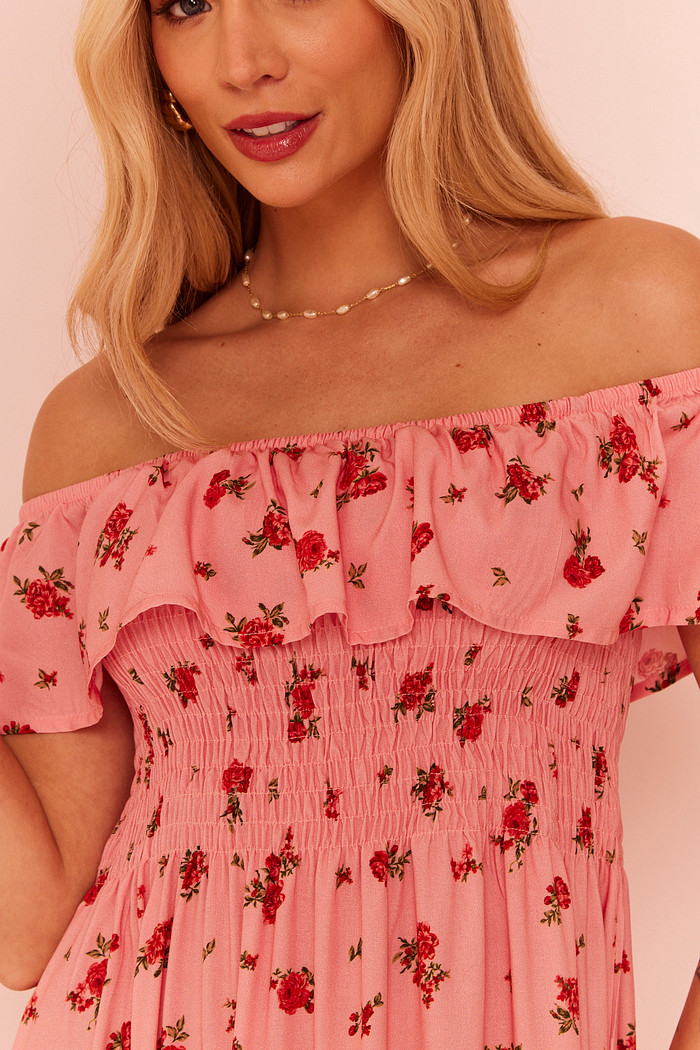 VESTIDO MIDI MAYARA FLORAL FUNDO ROSA