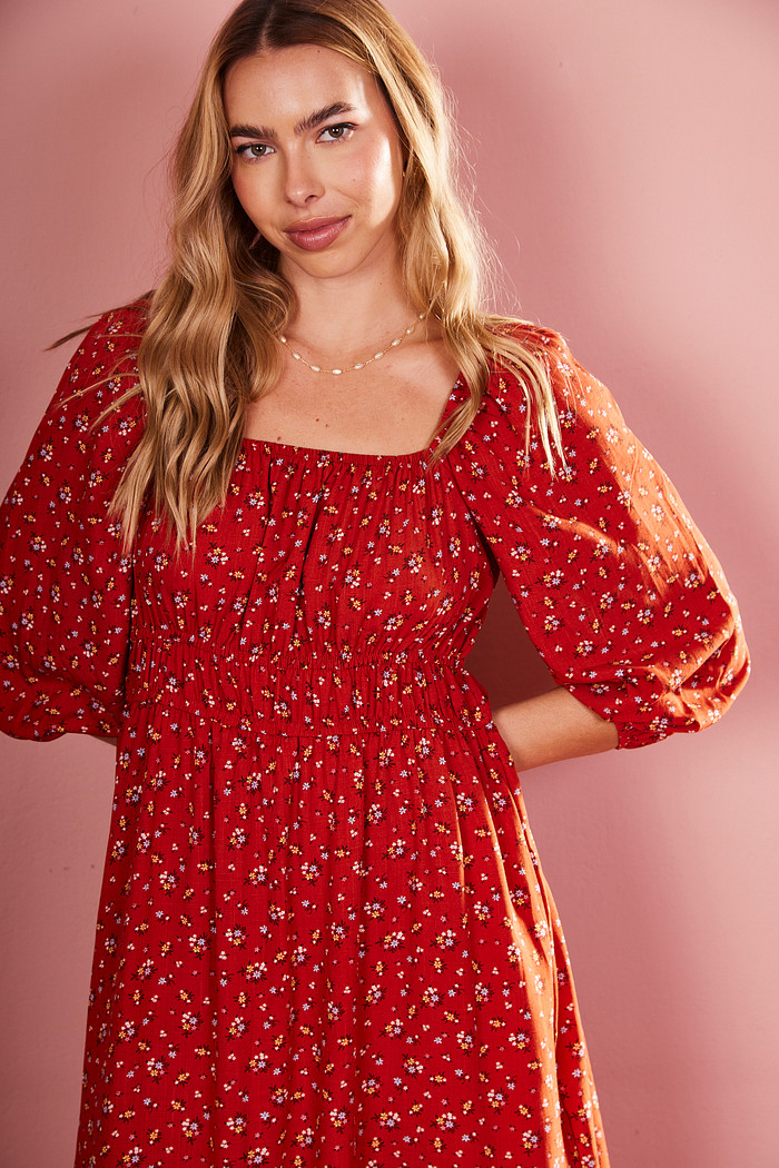 VESTIDO MIDI MORGANA FLORAL FUNDO OCRE