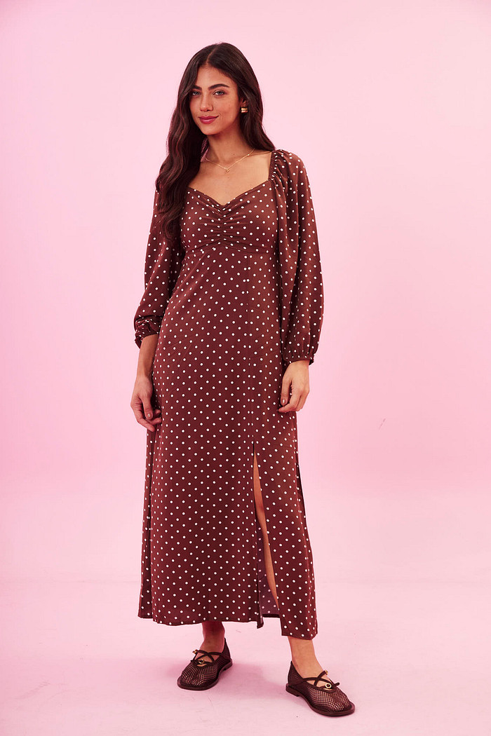 VESTIDO LUCIANA POA FUNDO MARROM