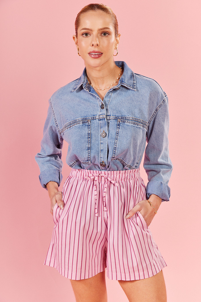 SHORTS CAMILE LISTRADO ROSA E VERMELHO