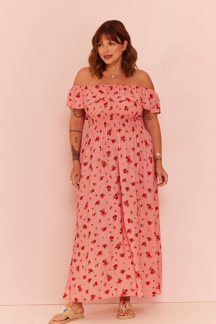 VESTIDO MIDI MAYARA FLORAL FUNDO ROSA