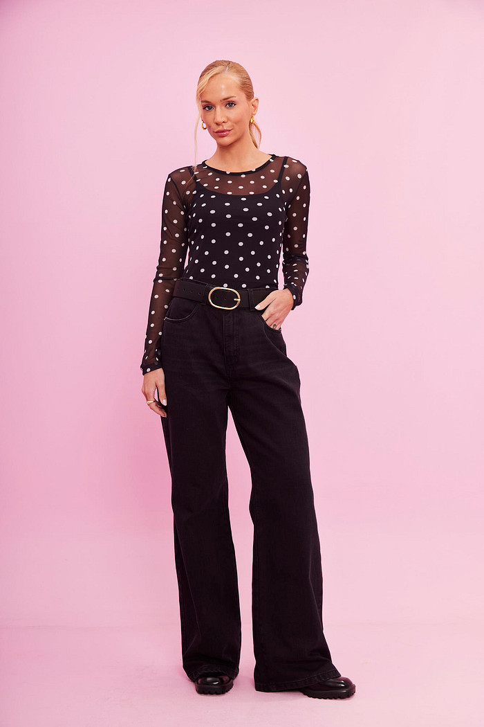 CALÇA WIDE LEG BLACK JEANS PRETO ESTONADO