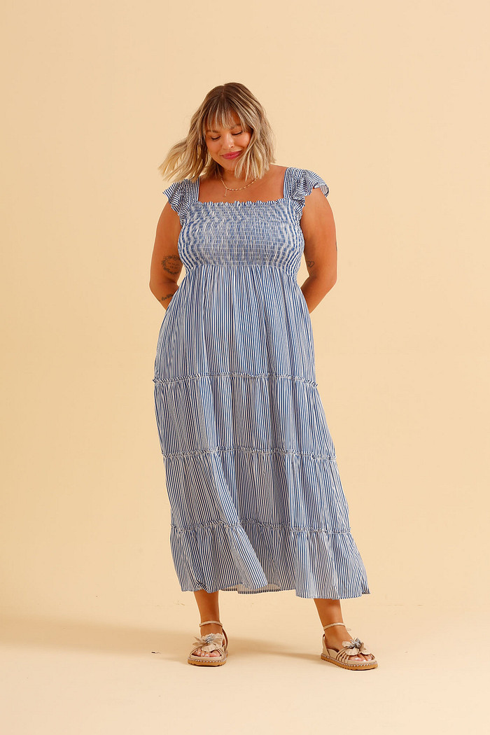VESTIDO LONGO LISTRADO AZUL