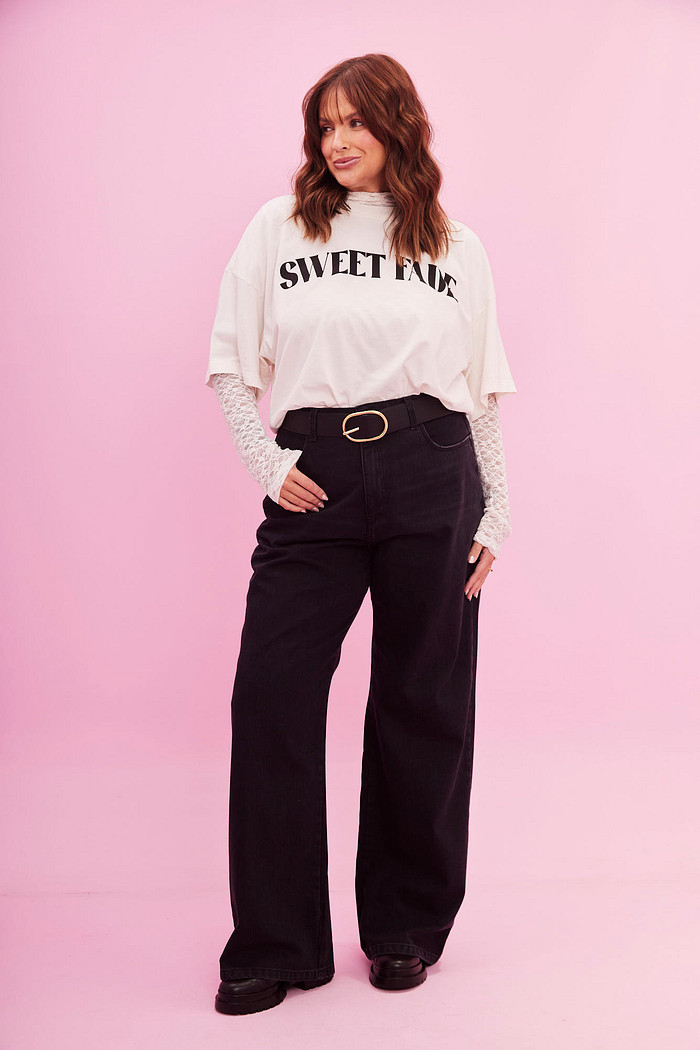 CALÇA WIDE LEG BLACK JEANS PRETO ESTONADO