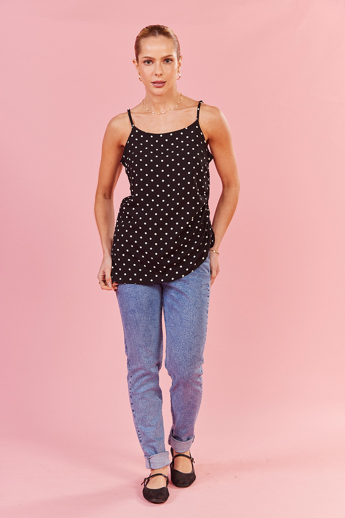 BLUSA DE ALCA ALICE POA FUNDO PRETO