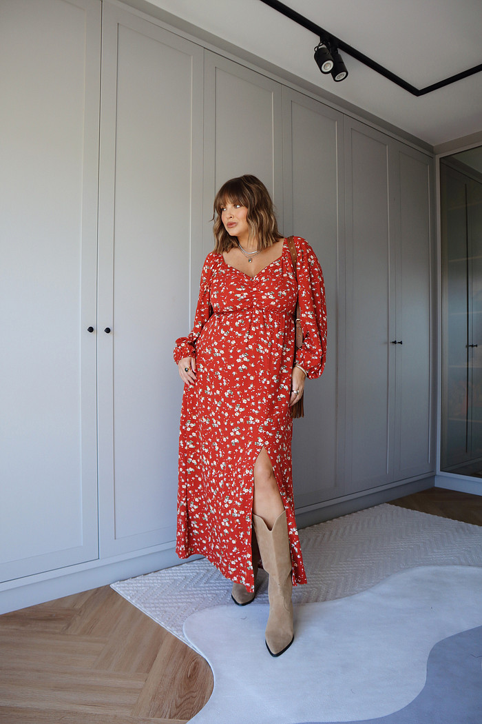 VESTIDO MIDI EMILY FLORAL FUNDO OCRE