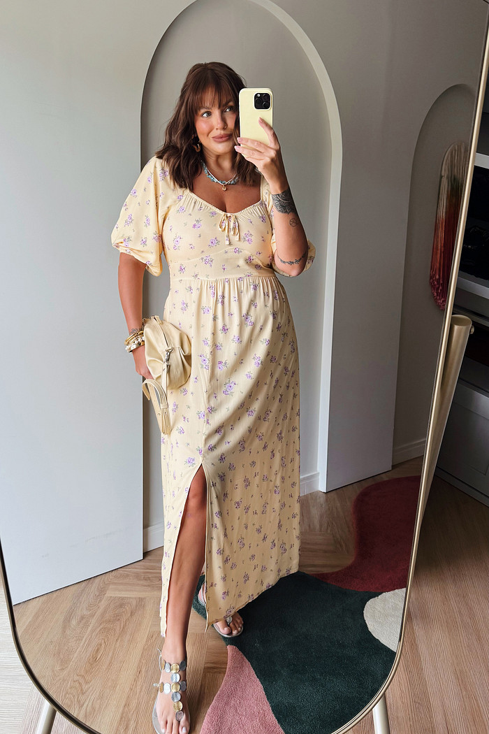 VESTIDO FLORENCE ESTAMPA FLORAL FUNDO AMARELO