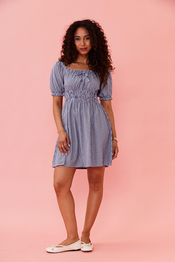 VESTIDO CURTO LUANE XADREZ MARINHO