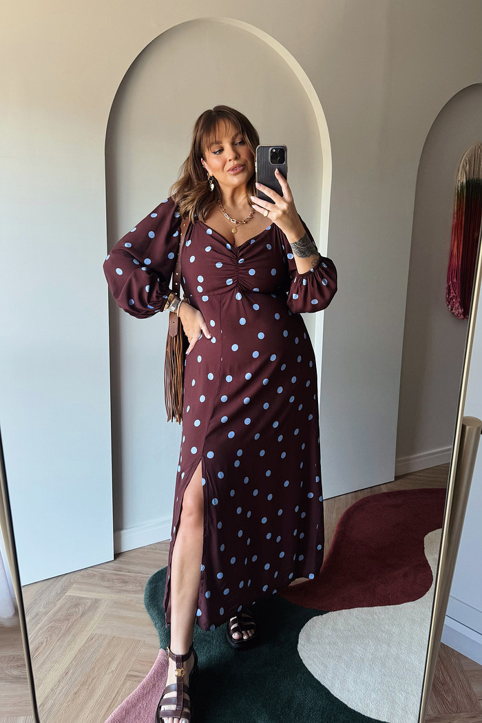 VESTIDO RAISSA POA AZUL FUNDO MARROM