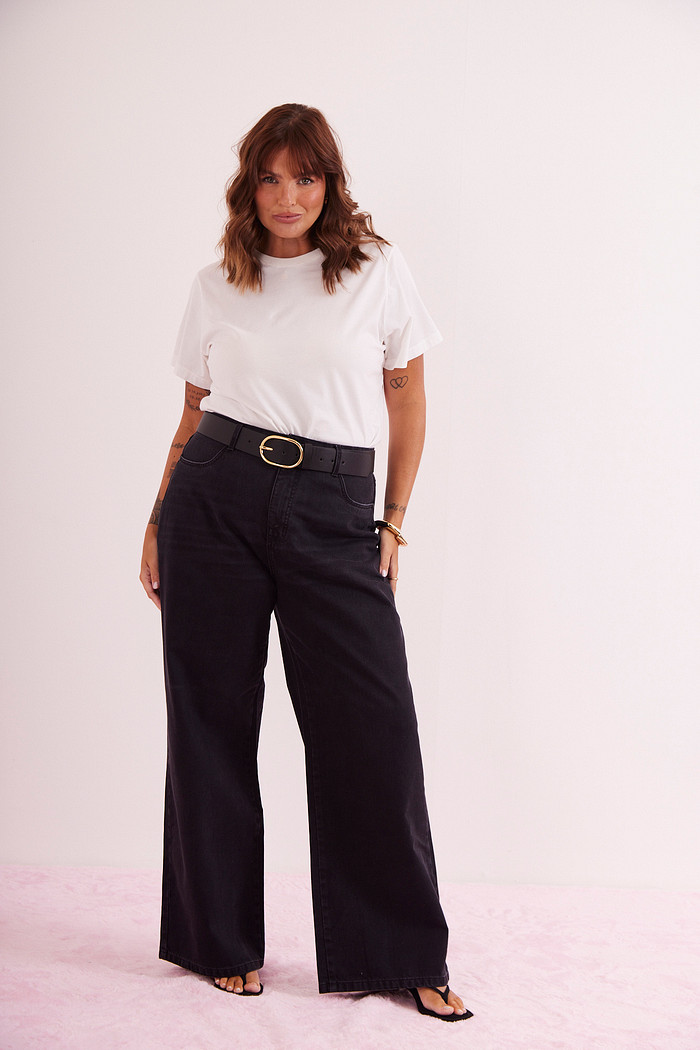 CALÇA WIDE LEG BLACK JEANS PRETO ESTONADO