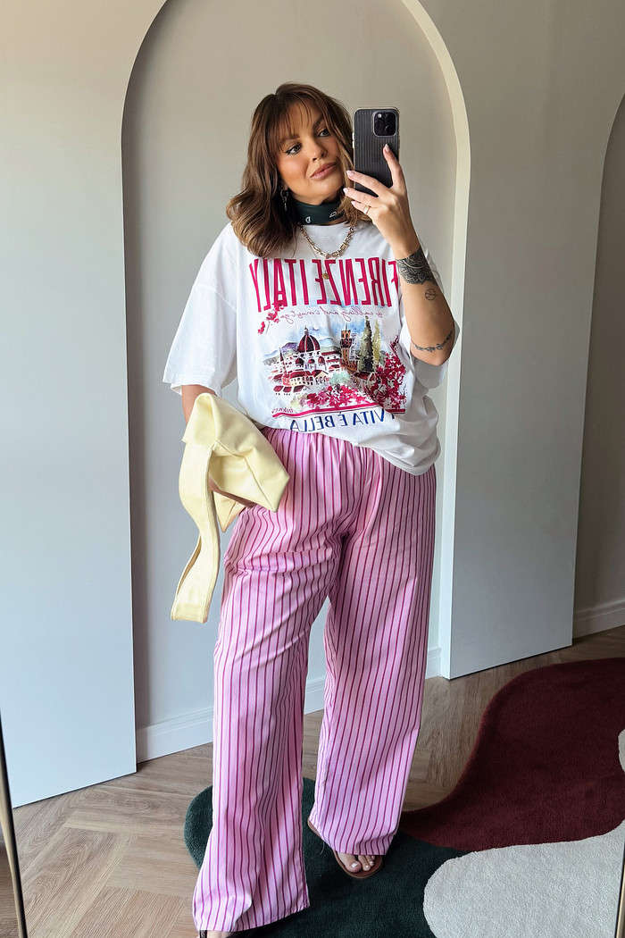 CALÇA FERNANDA LISTRADO ROSA E VERMELHO