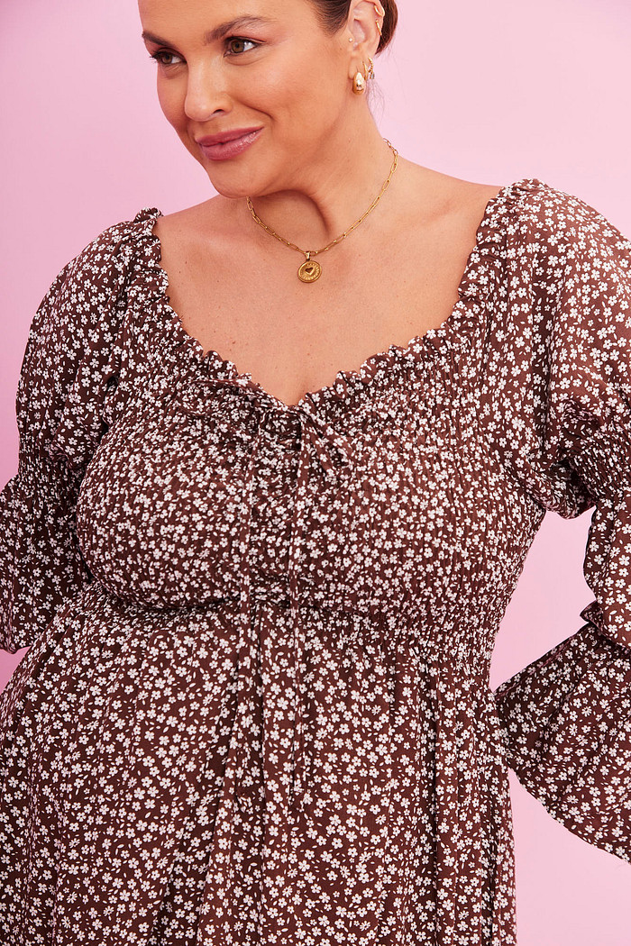 VESTIDO EMANUELE FLORAL FUNDO MARROM