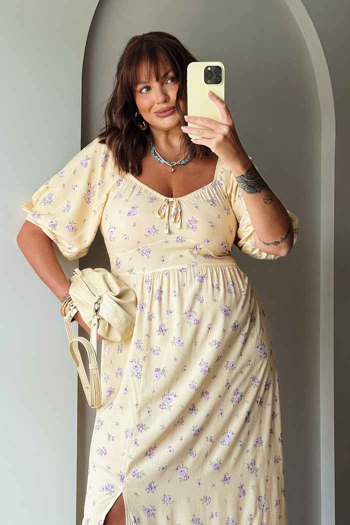 VESTIDO FLORENCE ESTAMPA FLORAL FUNDO AMARELO