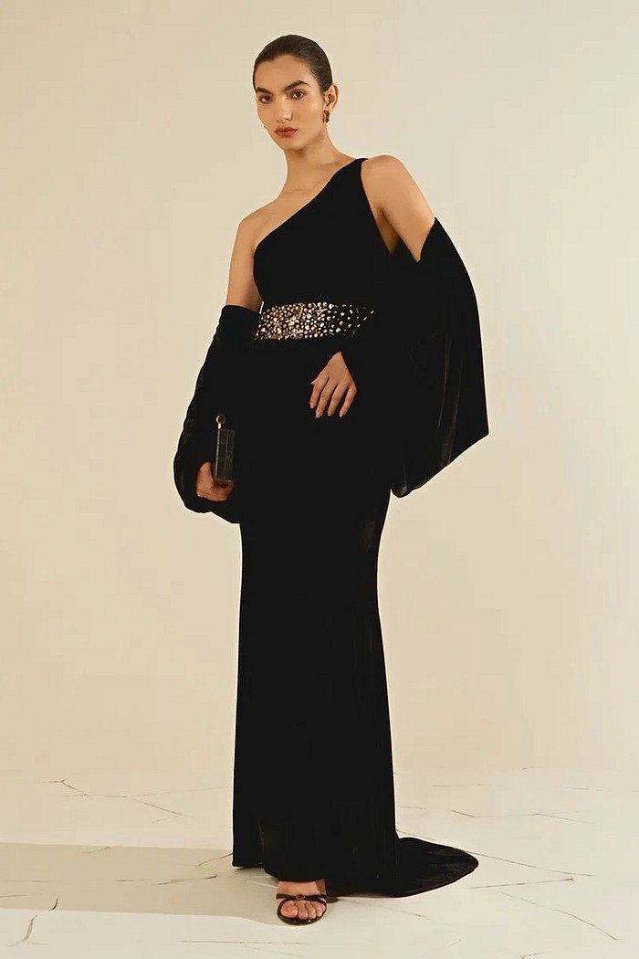 VESTIDO AJUSTADO UM OMBRO SO SEM MANGA LONGO PRETO MORENA ROSA