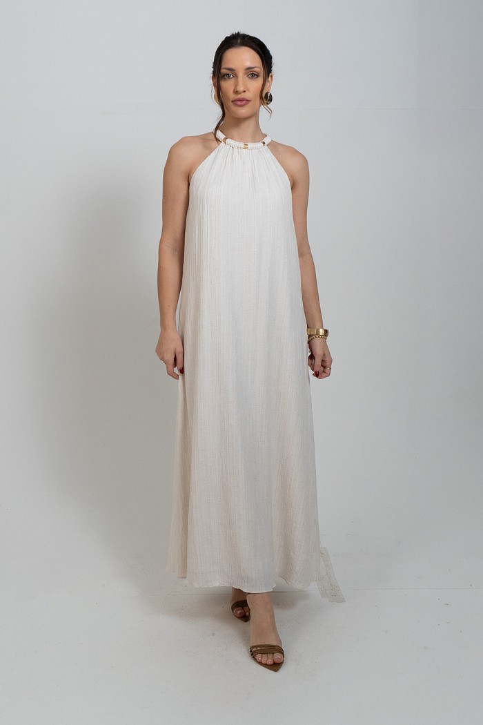 VESTIDO SOLTO DECOTE V COM ALCA MIDI BEGE  MORENA ROSA