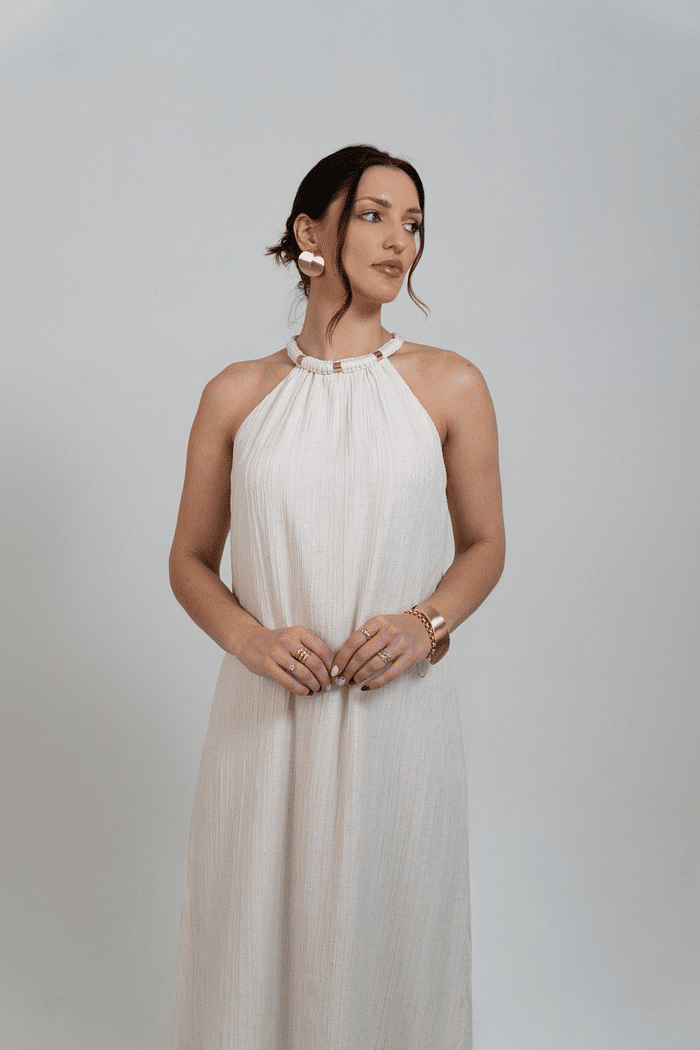 VESTIDO SOLTO DECOTE V COM ALCA MIDI BEGE  MORENA ROSA