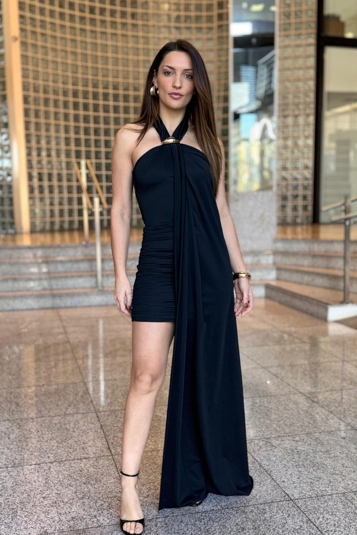 VESTIDO CURTO COM SOBREPOSIÇÃO E AVIAMENTO LANÇA PERFUME