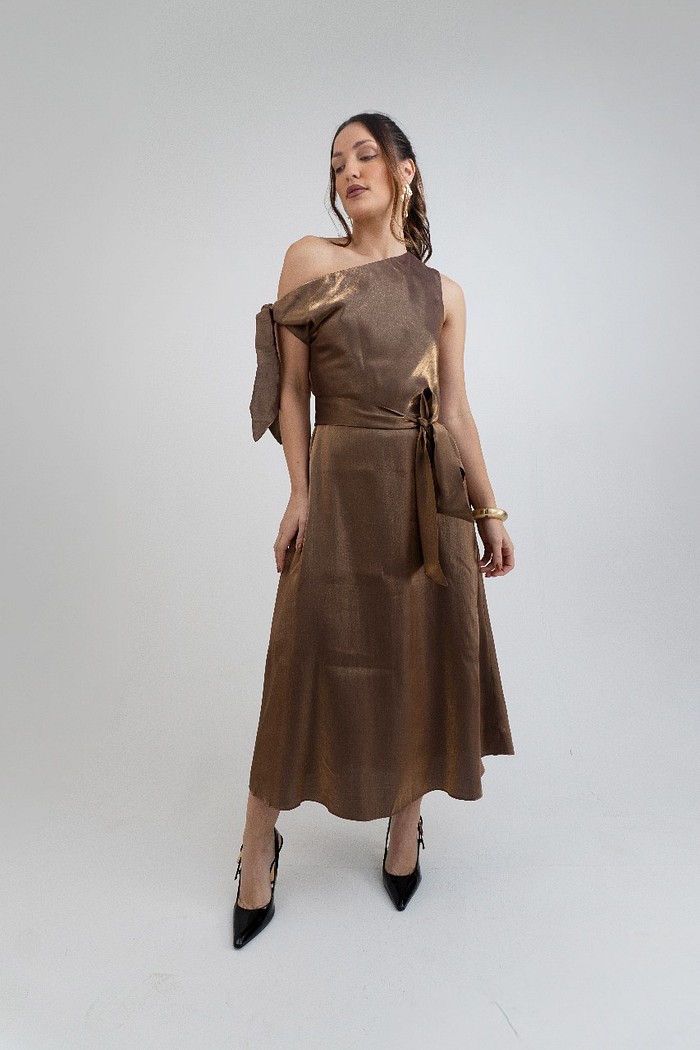 VESTIDO MIDI OMBRO SO COM FAIXA MORENA ROSA