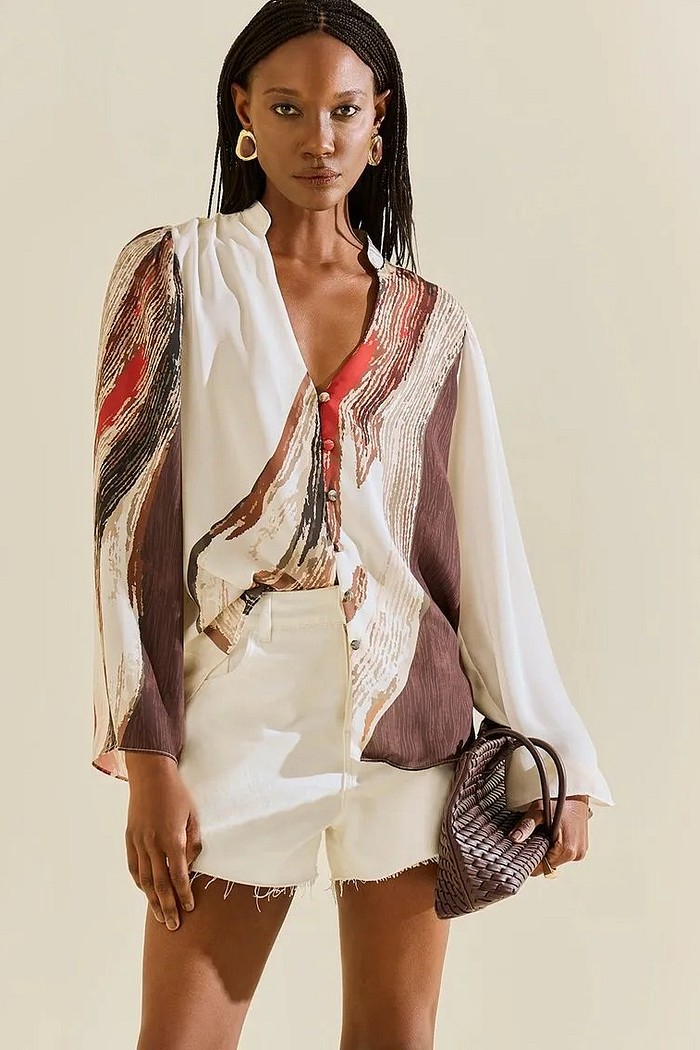 CAMISA SOLTA DECOTE V MANGA PADRAO MORENA ROSA