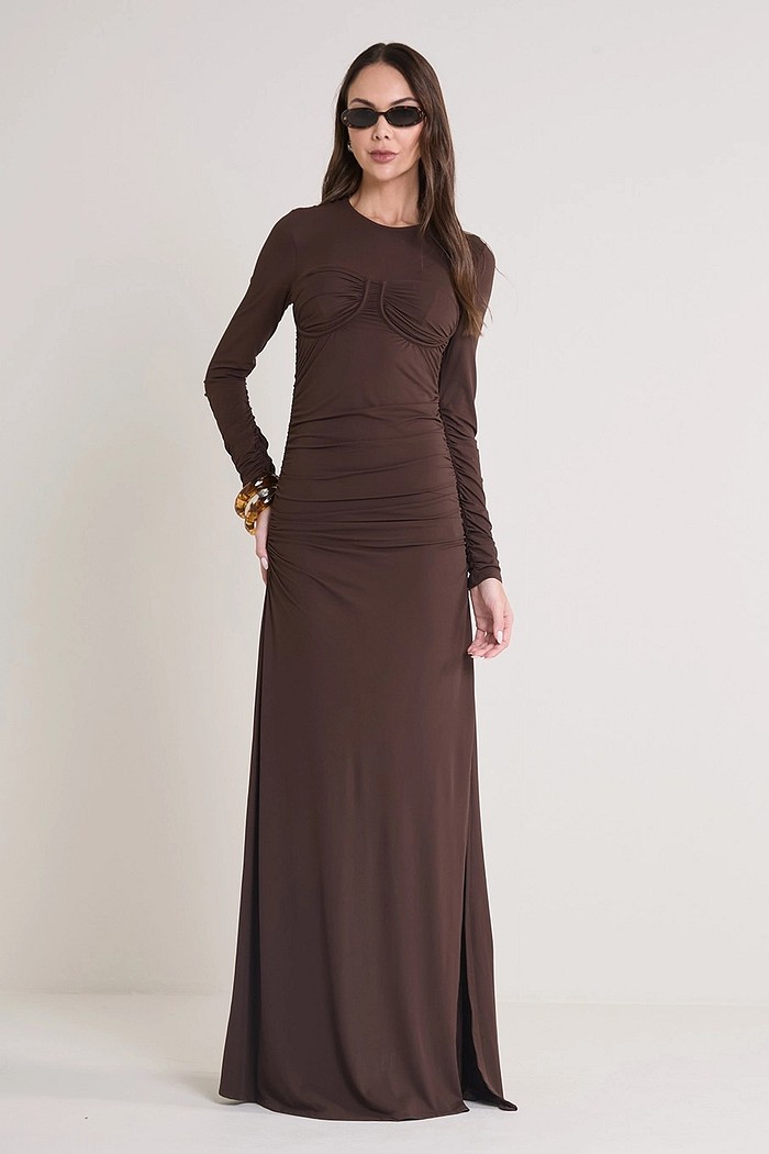 VESTIDO LONGO MARROM NOBUCK FRANZIDO FORUM