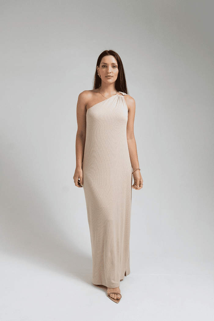 VESTIDO CANELADO BEGE PILAR  FORUM