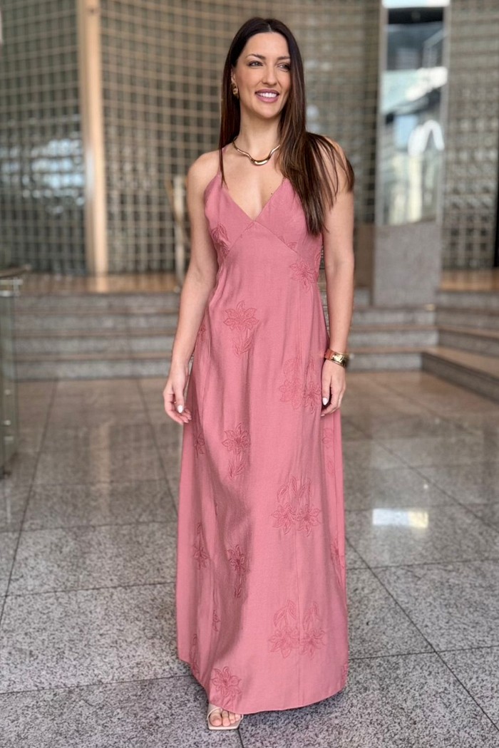 VESTIDO LONGO BORDADO FLORES GOIABA MY PLACE