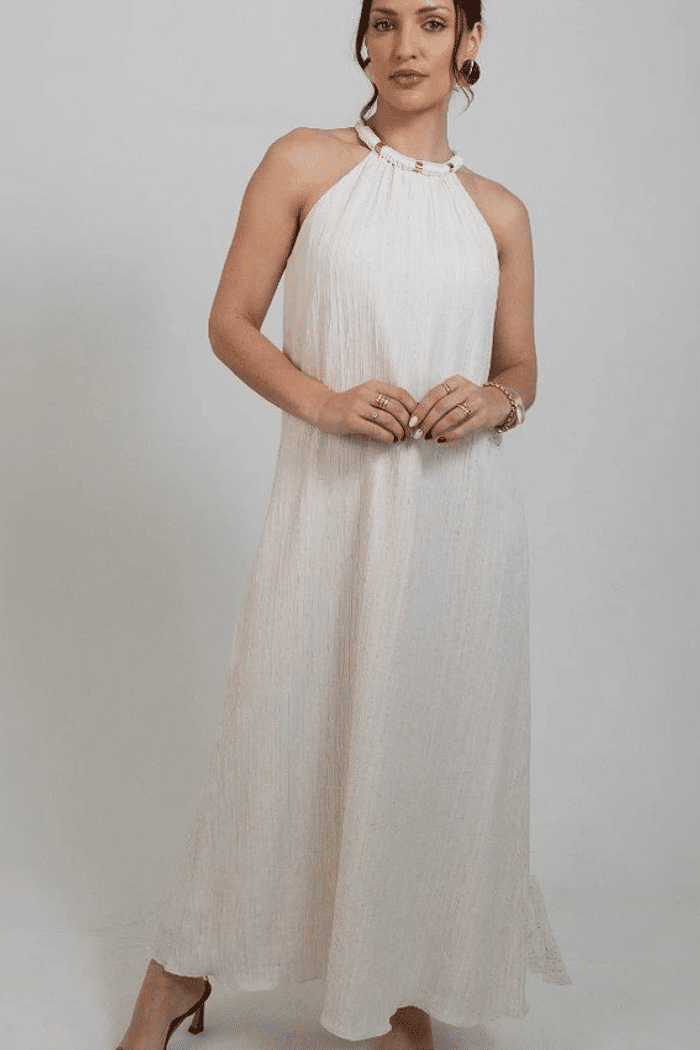 VESTIDO SOLTO DECOTE V COM ALCA MIDI BEGE  MORENA ROSA