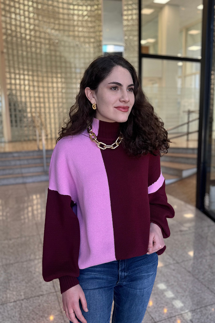 TRICOT  PULL GOLA  ALTA  BICOLOR ROXO E BERRY ANIMALE