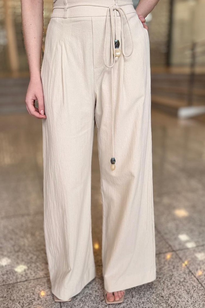 CALCA WIDE ALGODAO BEGE ESMERAL