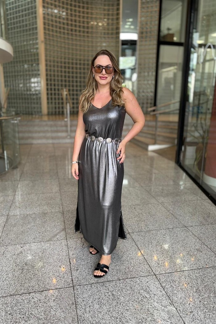 VESTIDO LONGO MALHA FOIL  PRATA CALVIN KLEIN