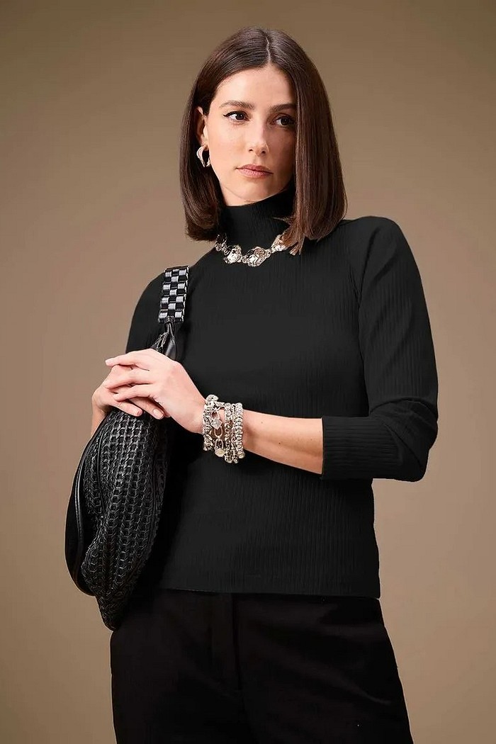 BLUSA AJUSTADA GOLA ALTA MANGA LONGA PADRAO - PRETO / PP [MAR]