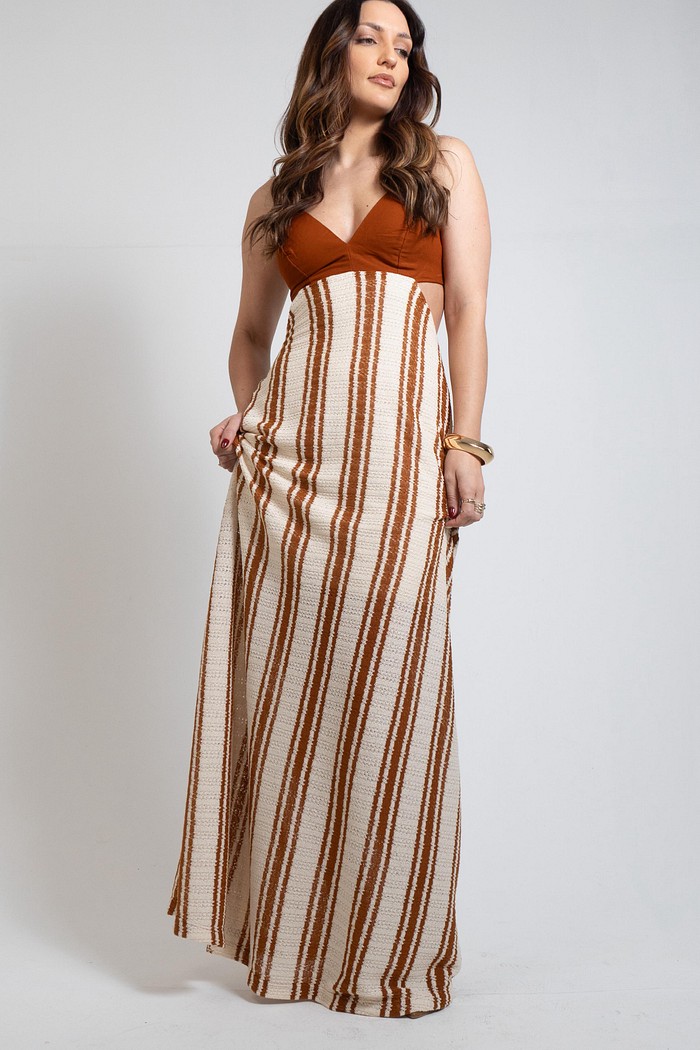 VESTIDO LISTRADO DETALHE EM LINHO FORUM