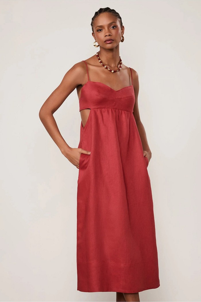 VESTIDO LINHO MIDI VERMELHO NAUTICO ANIMALE