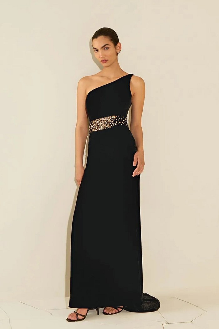 VESTIDO AJUSTADO UM OMBRO SO SEM MANGA LONGO PRETO MORENA ROSA