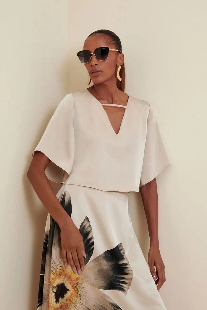 BLUSA DECOTE V MANGA CURTA PAPIRO MORENA ROSA