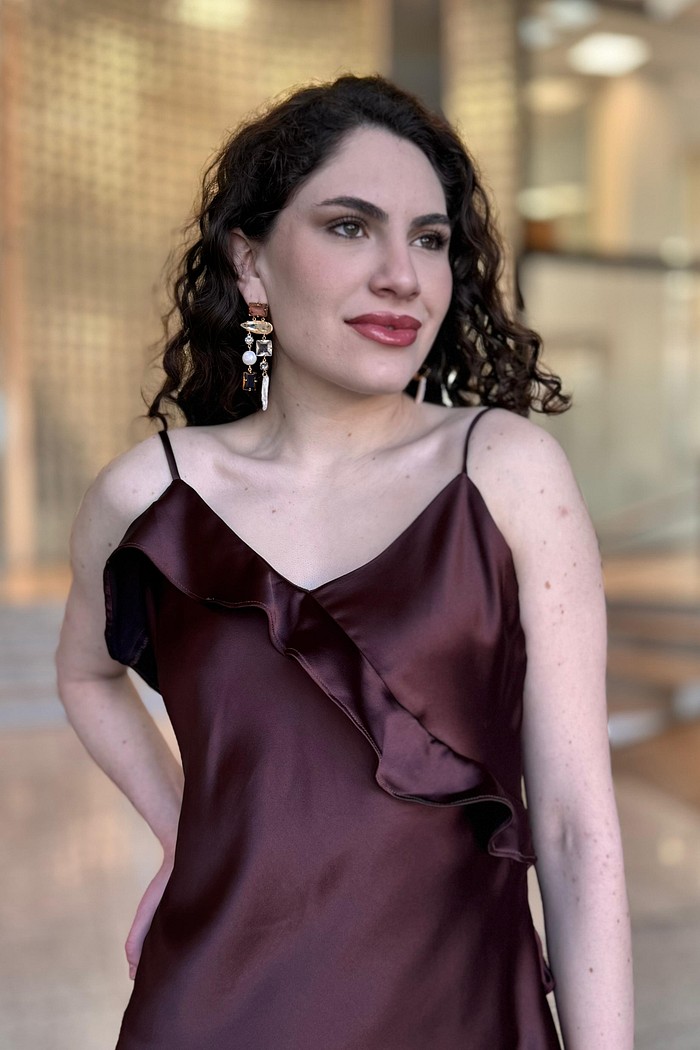 VESTIDO ALCA CETIM MARROM ESMERAL