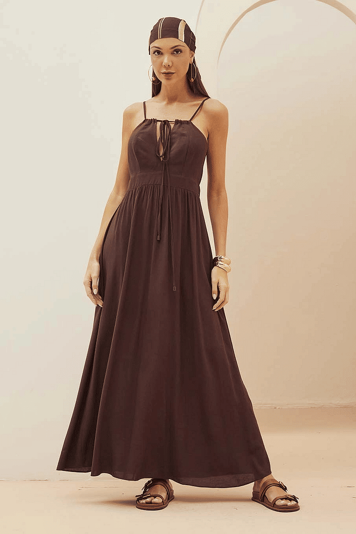 VESTIDO LINHO MARROM FORUM