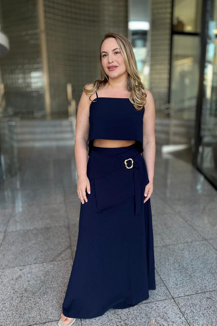 SAIA LONGA CINTURA ALTA  AZUL MARINHO LANÇA PERFUME