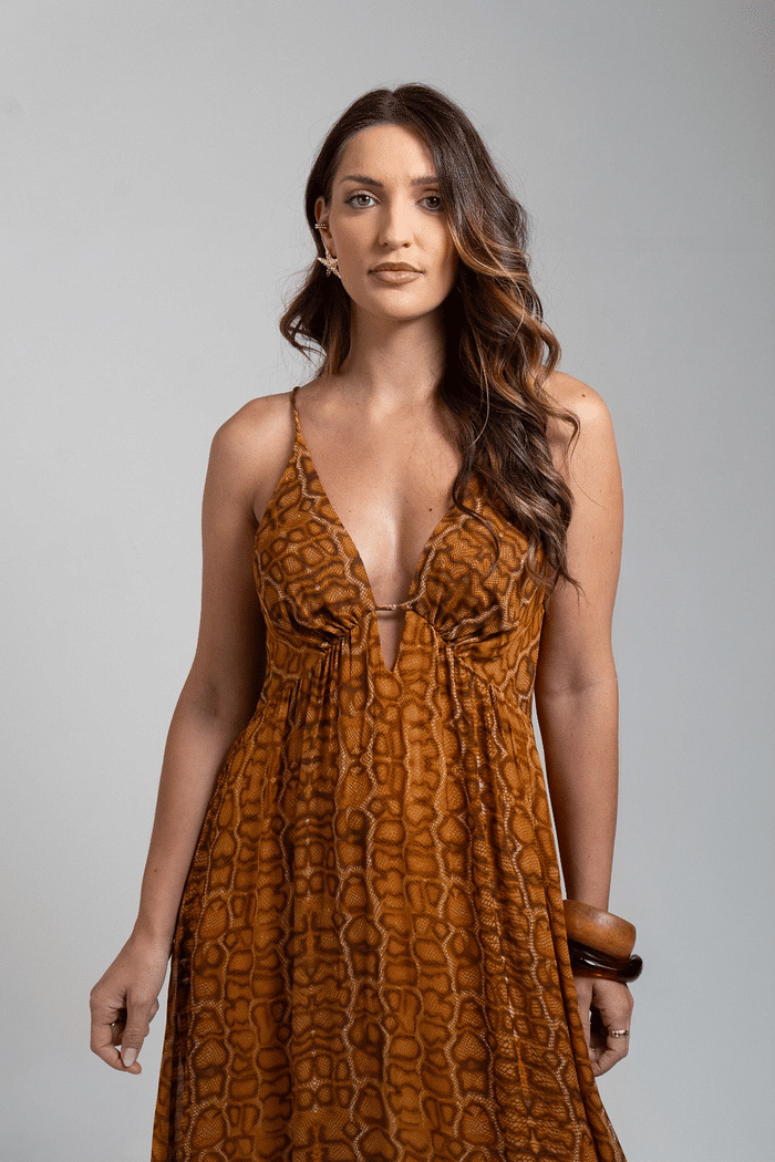 VESTIDO DE GEORGETTE MIDI BARRA BABADOS COBRA LAJEDO ANIMALE