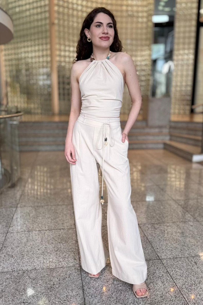 CALCA WIDE ALGODAO BEGE ESMERAL