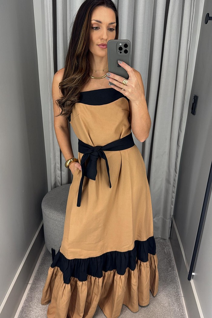 VESTIDO SUPER MIDI BICOLOR DE ALÇAS COM FAIXA LANÇA PERFUME